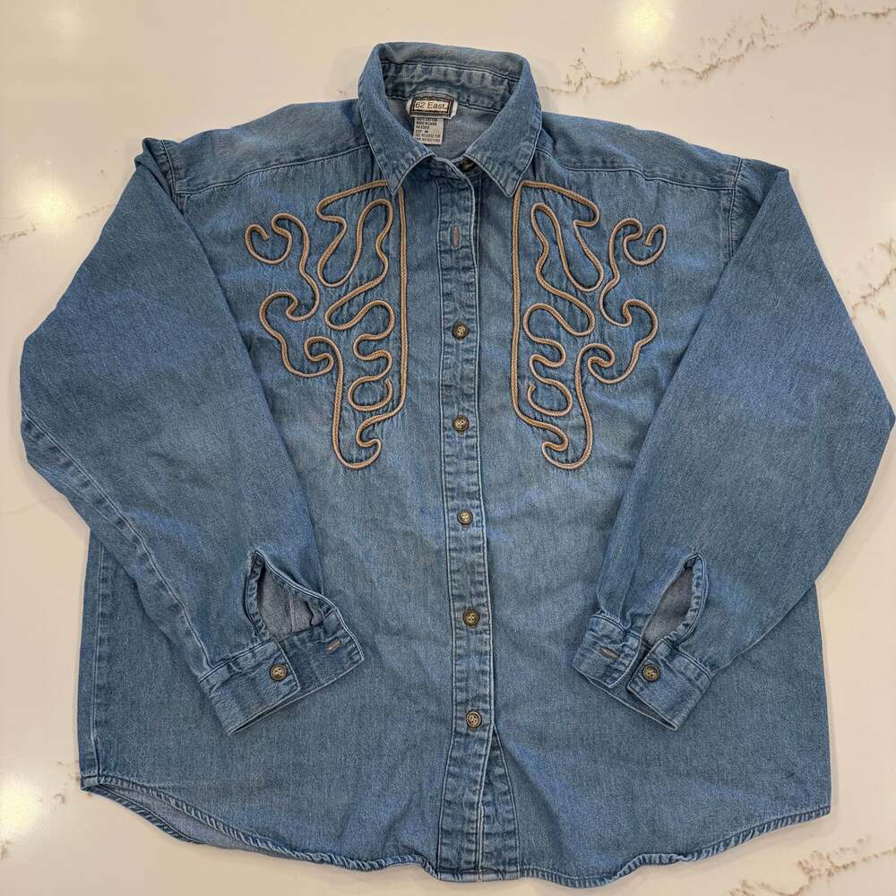 Vintage 62 East Denim Button Up Shirt Embroidered Western Boho Cotton Size M